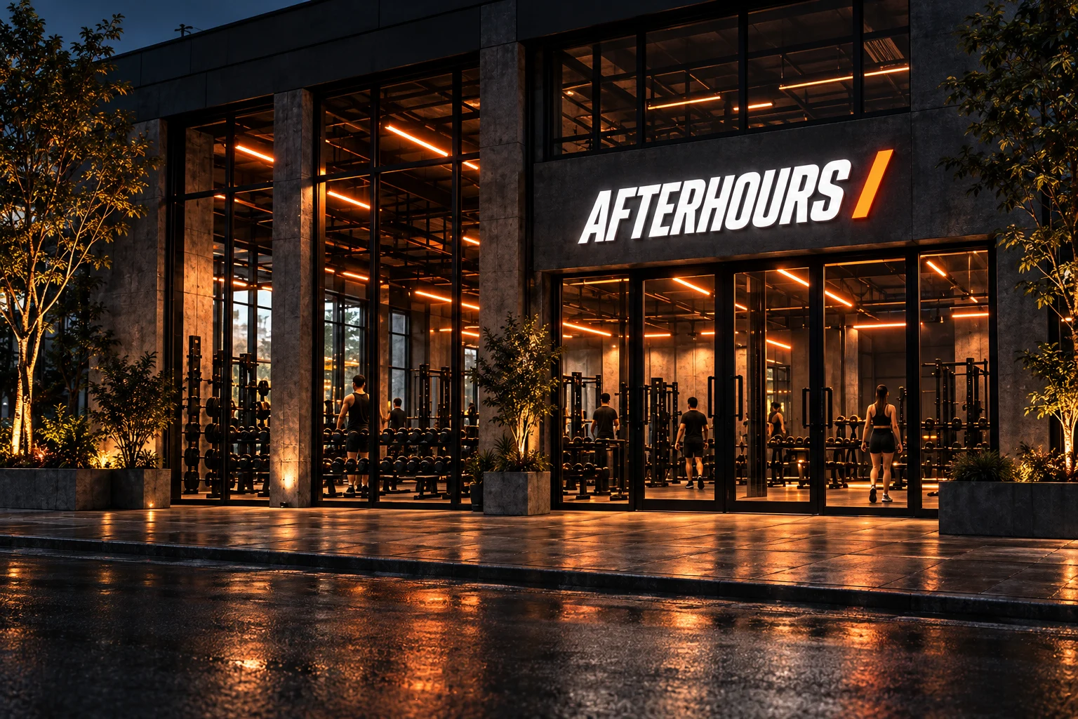 ด้านหน้าฟิตเนส AFTERHOURS ยามค่ำ