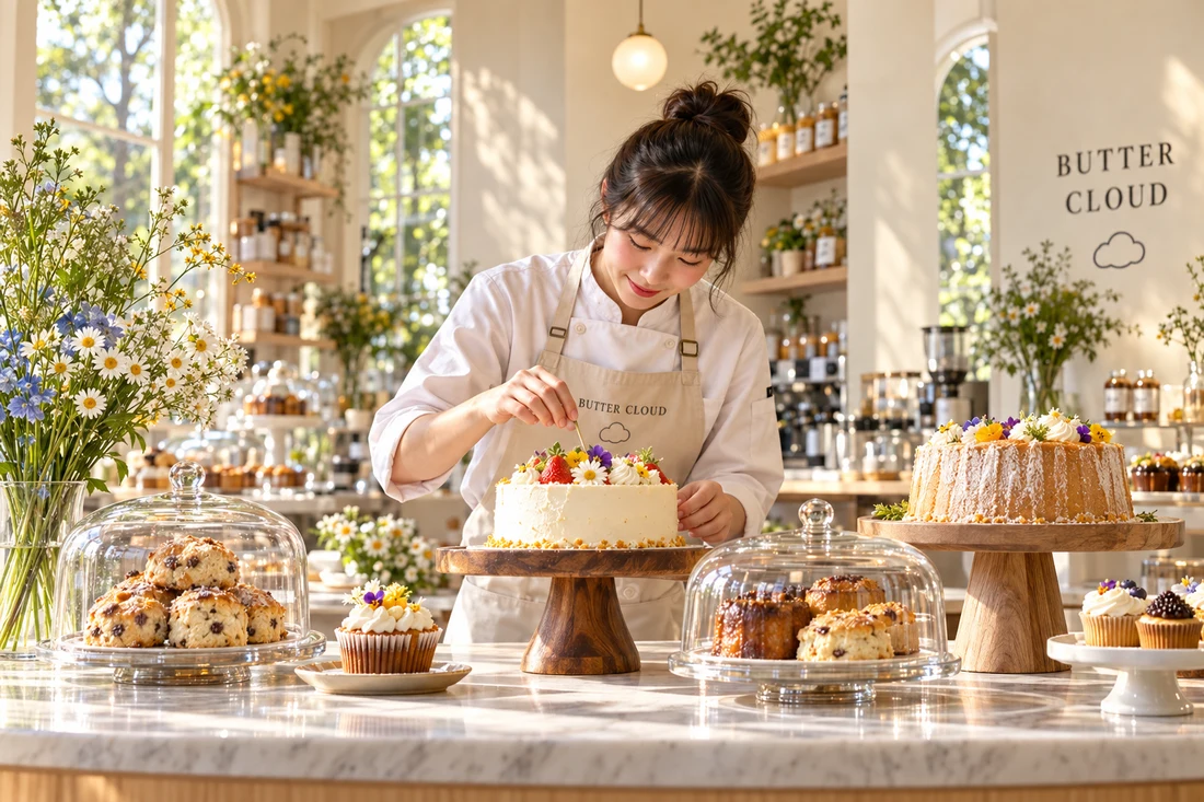 เชฟกำลังแต่งเค้กในครัวร้าน BUTTER CLOUD