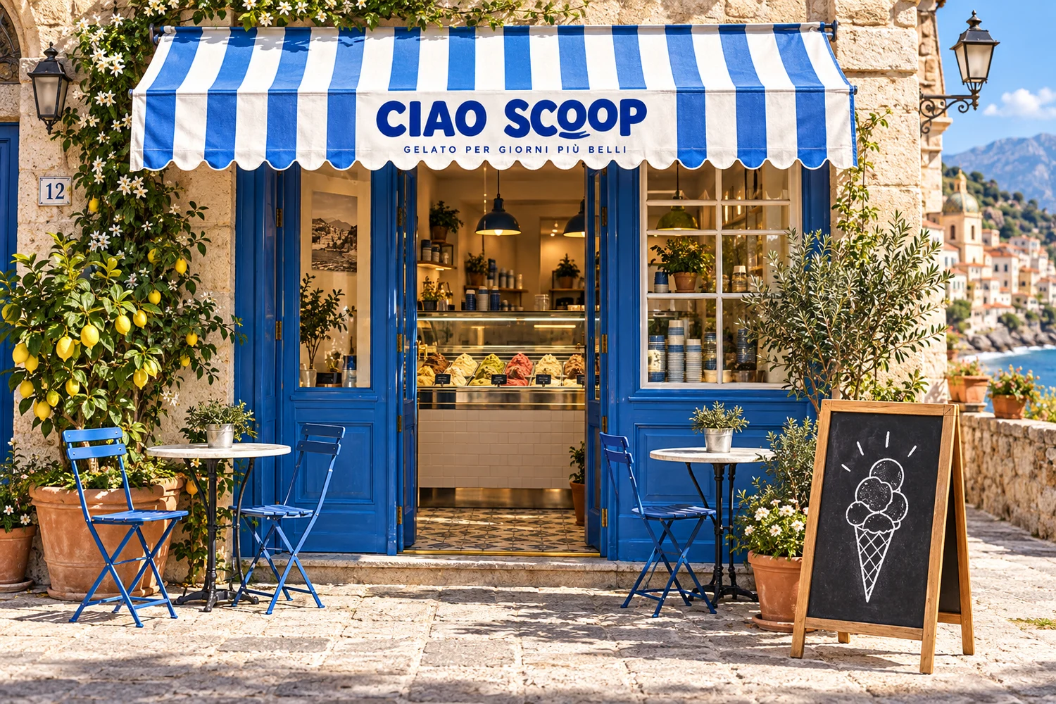 ร้าน CIAO SCOOP กับกันสาดลายทางน้ำเงินขาว