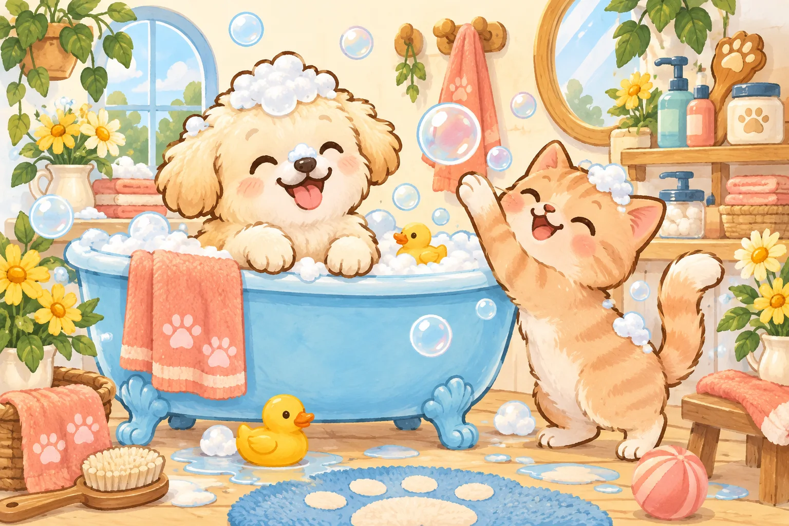 ภาพการ์ตูนสุนัขและแมวเล่นในห้องอาบน้ำ
