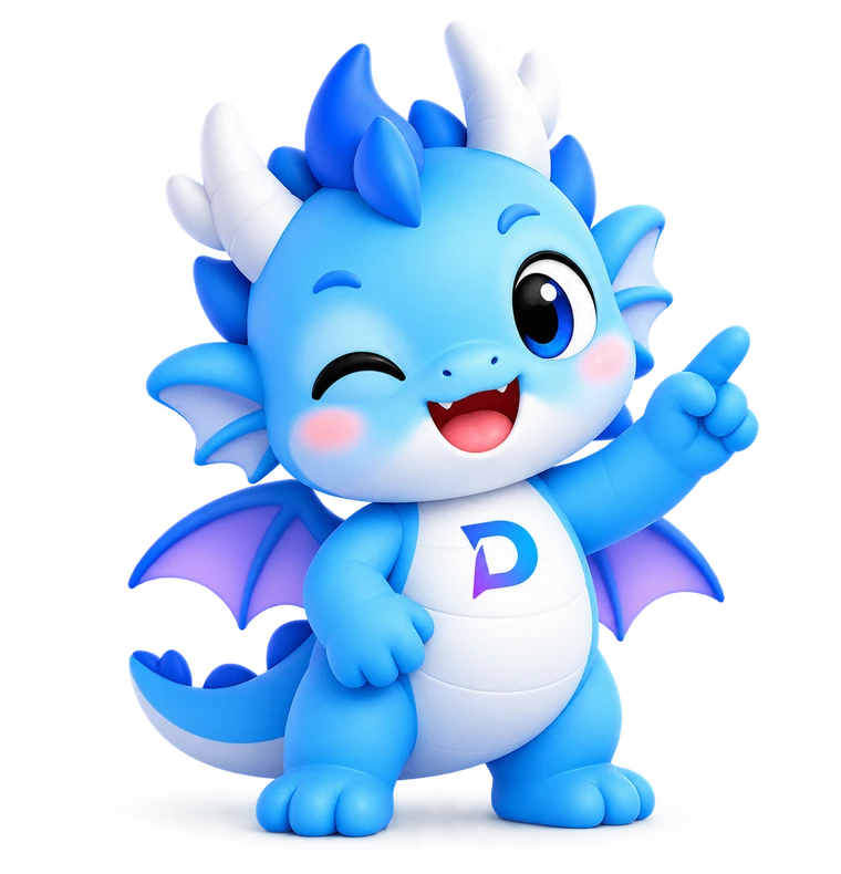 Dragie มังกรน้อยสีฟ้า ยิ้มและชี้แนะนำเว็บไซต์