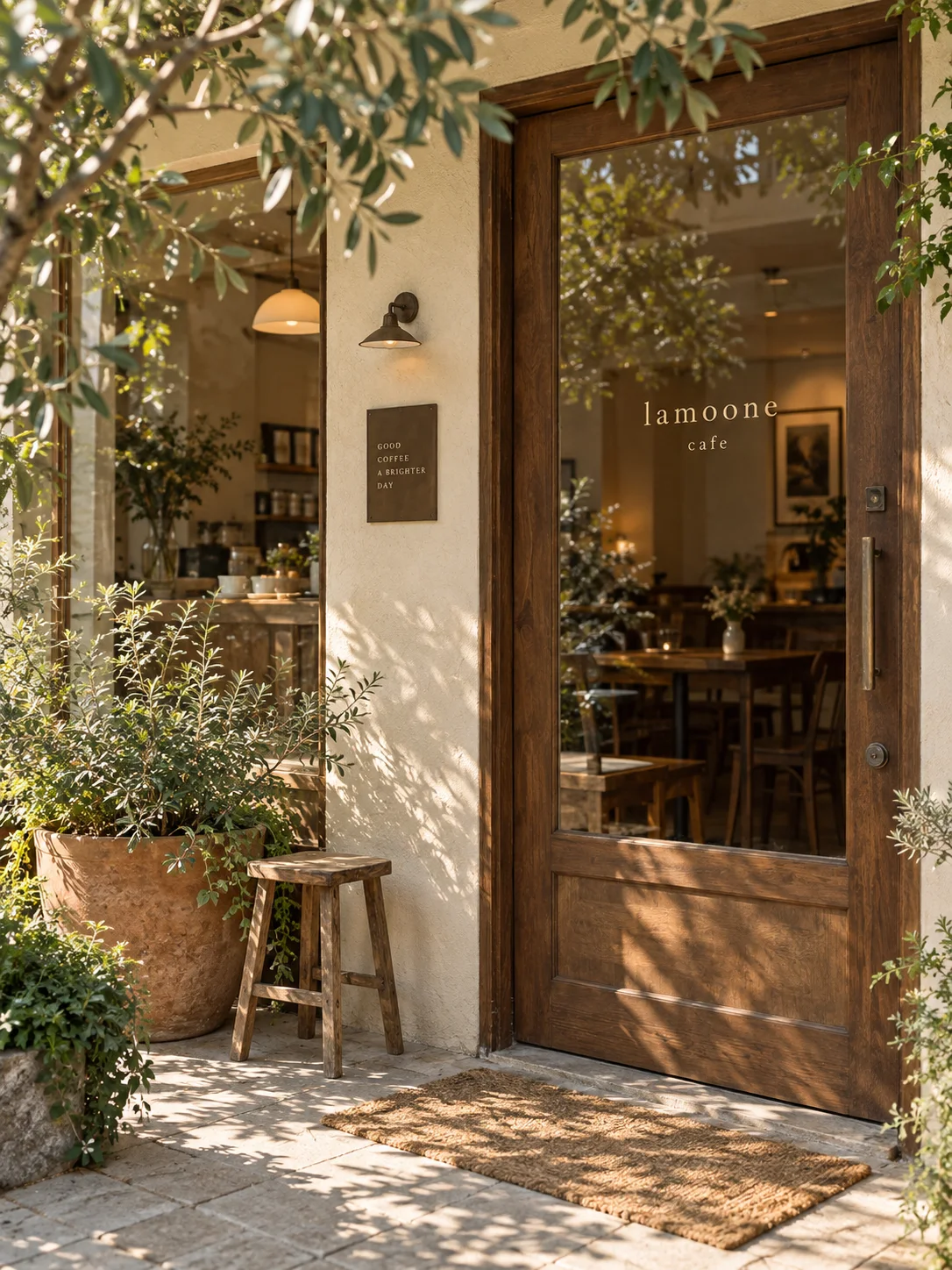 ทางเข้าร้าน Lamoone Cafe ประตูกระจกกรอบไม้และต้นไม้ในกระถางรับแสงแดด