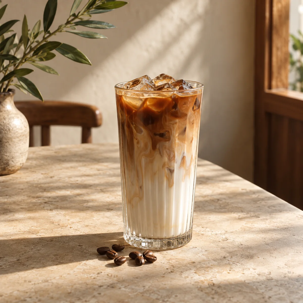 ลาเต้เย็นในแก้วใส เห็นชั้นกาแฟเอสเปรสโซและนมสด