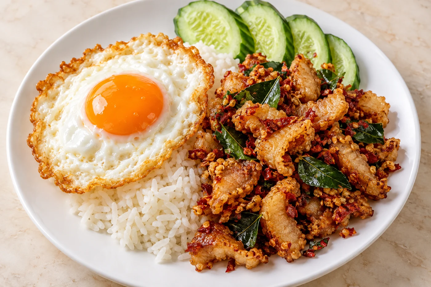 ข้าวสวย ไข่ดาว และหมูกระจก