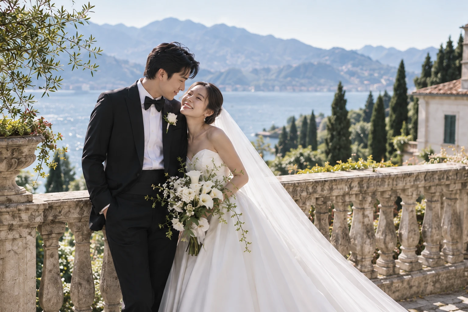 คู่แต่งงานบนระเบียงหินริมทะเลสาบ